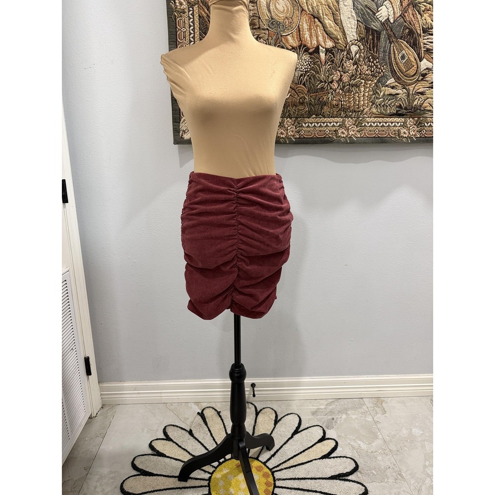 Zara Skirt Womens Small Burgundy Ruched Corduroy Mini Bodycon Stretch Party